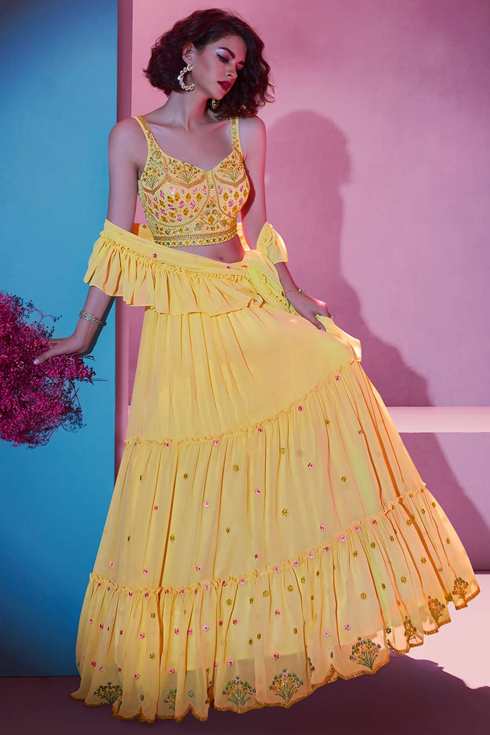 Yellow Georgette Thread Embroidered ,Hand Lehenga Set