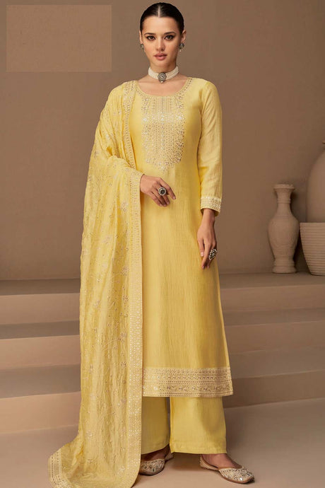 Yellow Silk Embroideried Palazzo Suit Set