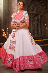 White Jacquard Mirror And Thread Embroidered Lehenga Set