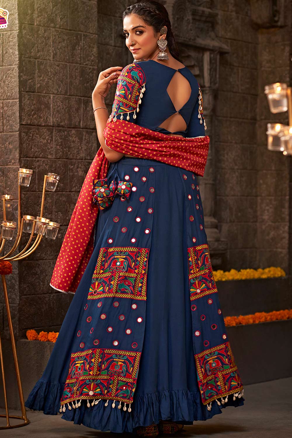 Blue Viscose Rayon Mirror And Thread Embroidered Lehenga Set