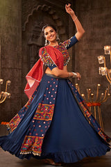 Blue Viscose Rayon Mirror And Thread Embroidered Lehenga Set