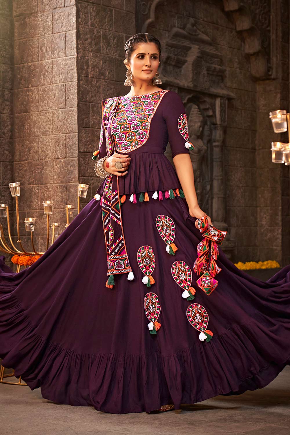 Purple Viscose Rayon Mirror And Thread Embroidered Lehenga Set