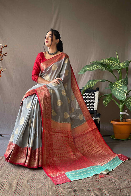 Grey Linen Woven Saree