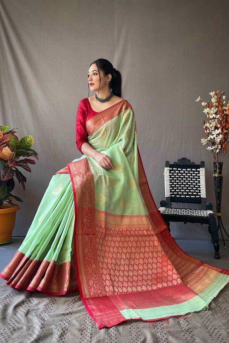 Sea Green Linen Woven Saree