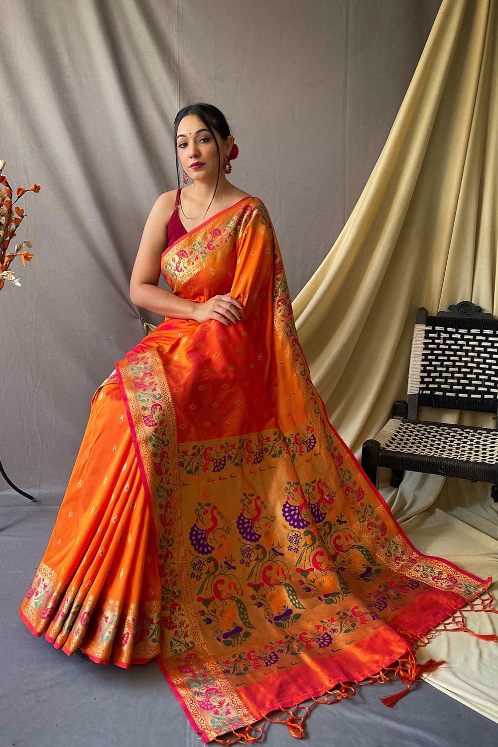 Orange Silk Jari Woven Saree