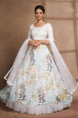 White Organza Printed  Lehenga Set