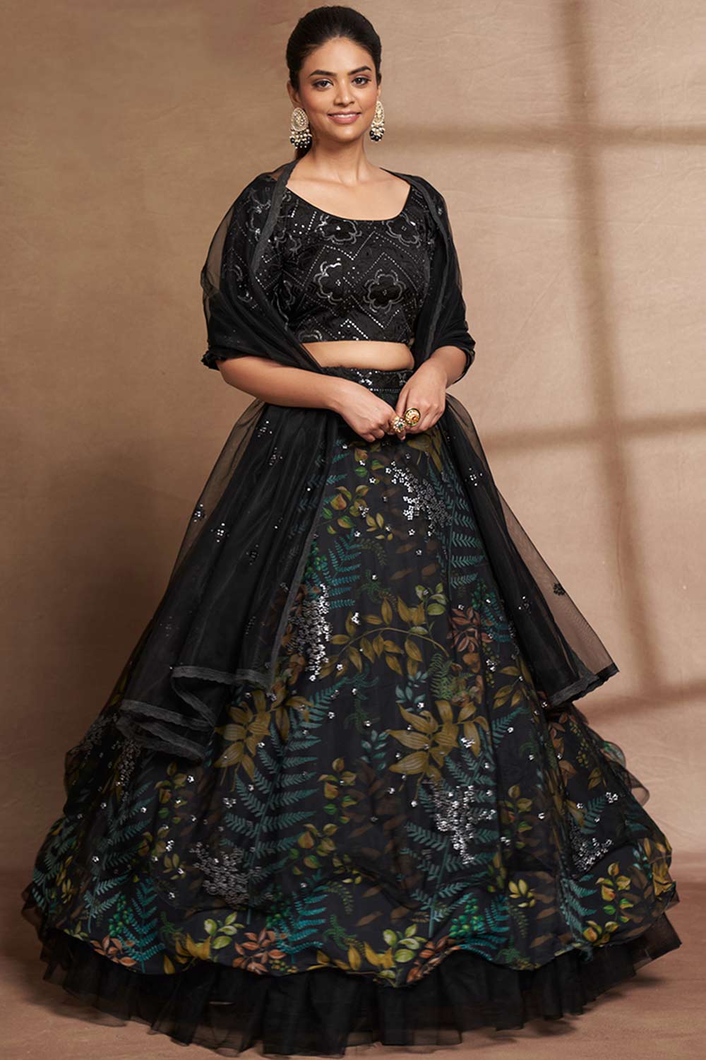 Black Organza Printed  Lehenga Set