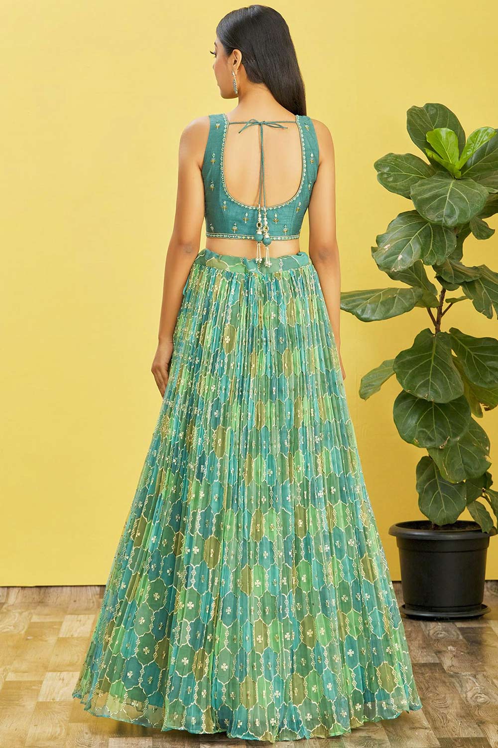 Green Organza Thread Embroidered Lehenga Set