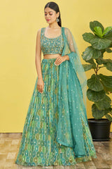 Green Organza Thread Embroidered Lehenga Set