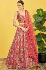 Brown Organza Thread Embroidered Lehenga Set