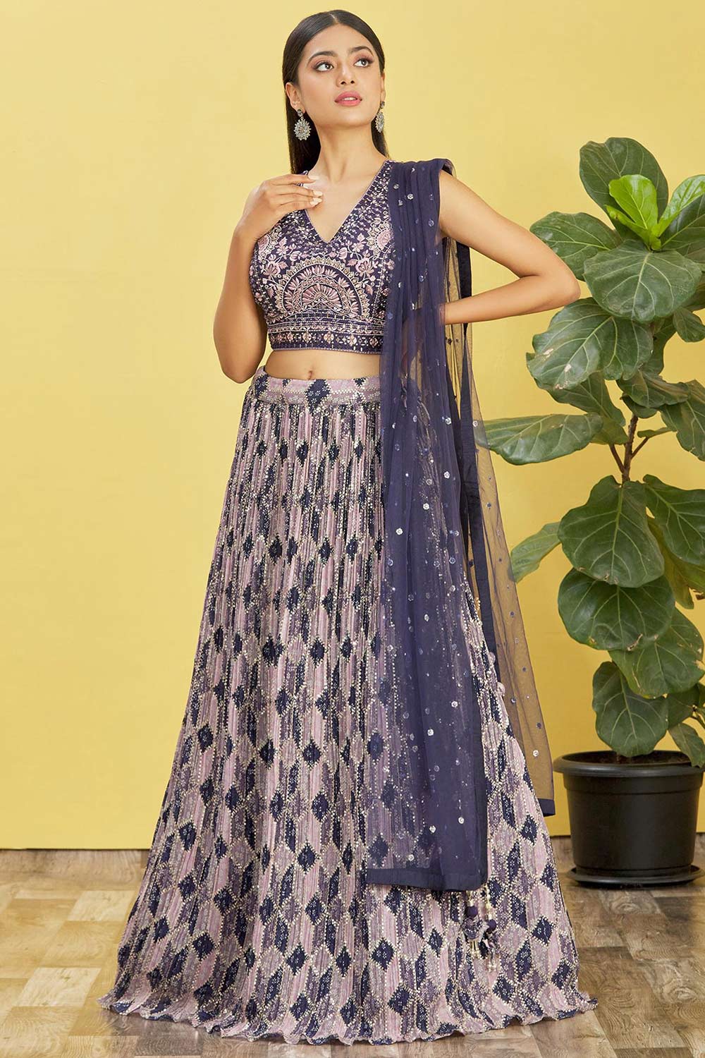 Blue Organza Thread Embroidered Lehenga Set