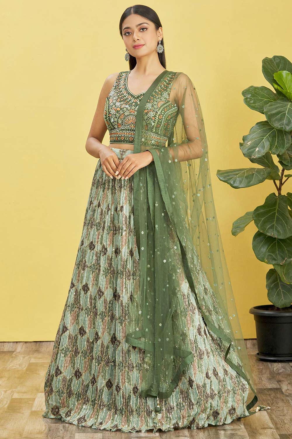 Green Organza Thread Embroidered Lehenga Set