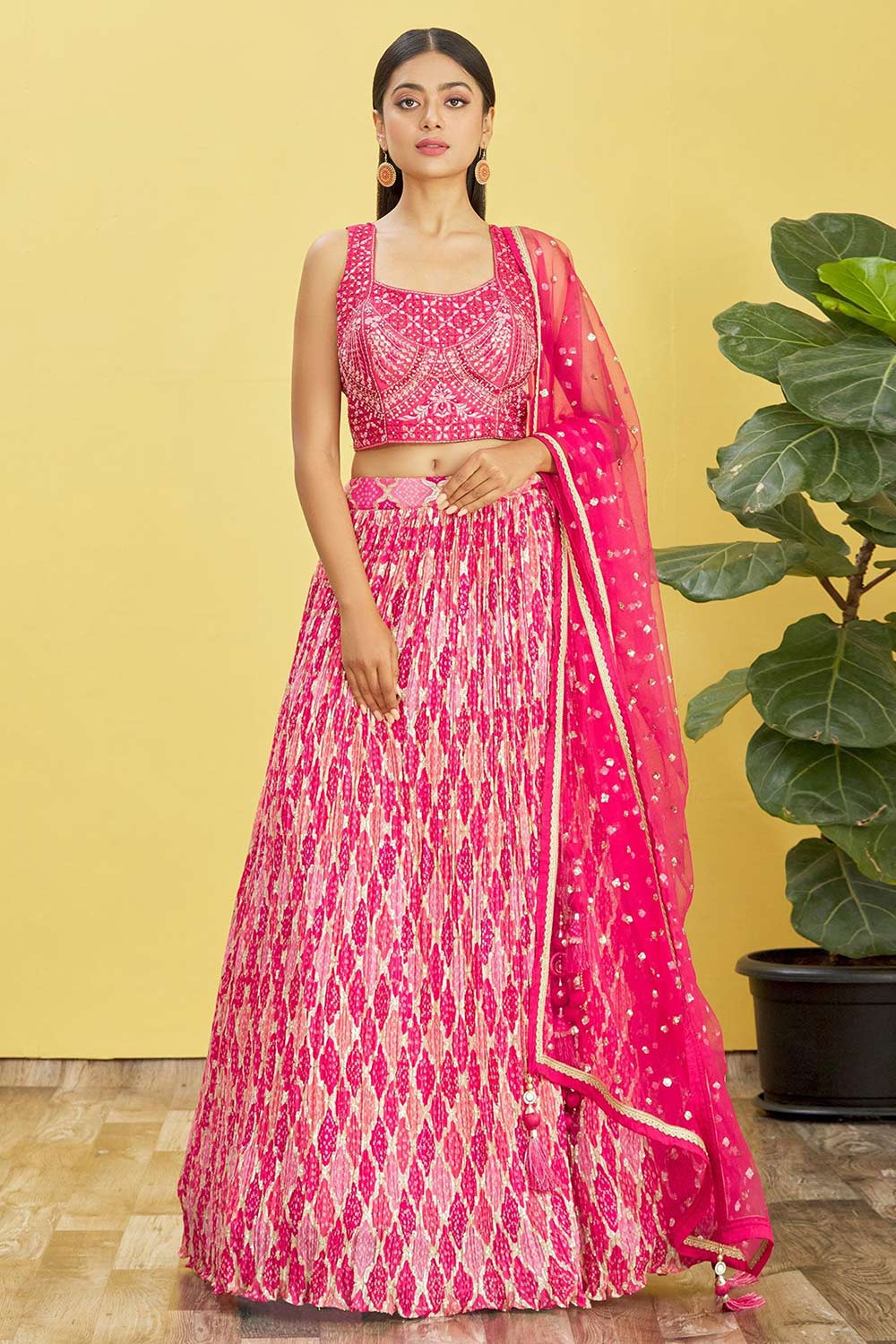 Pink Chinon Printed Lehenga Set