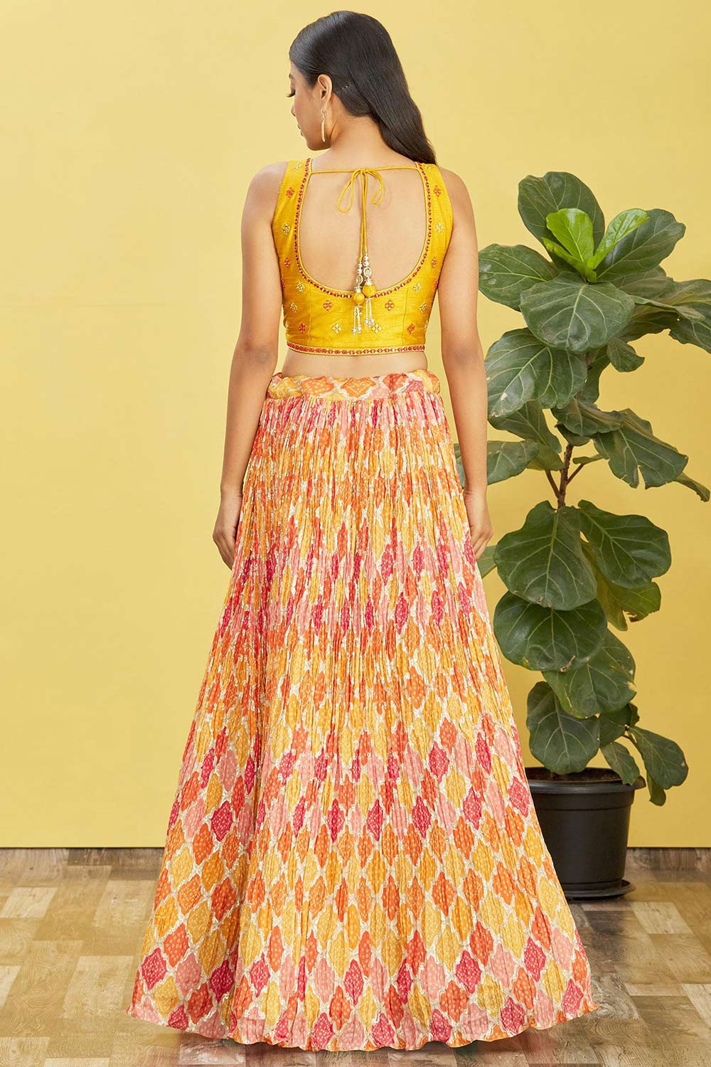 Yellow Chinon Printed Lehenga Set