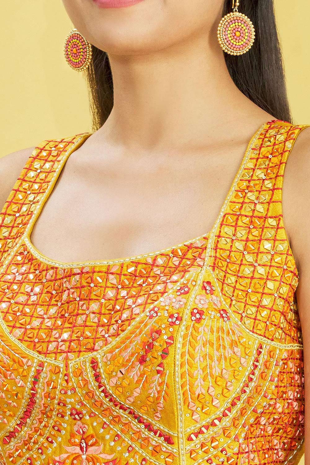 Yellow Chinon Printed Lehenga Set