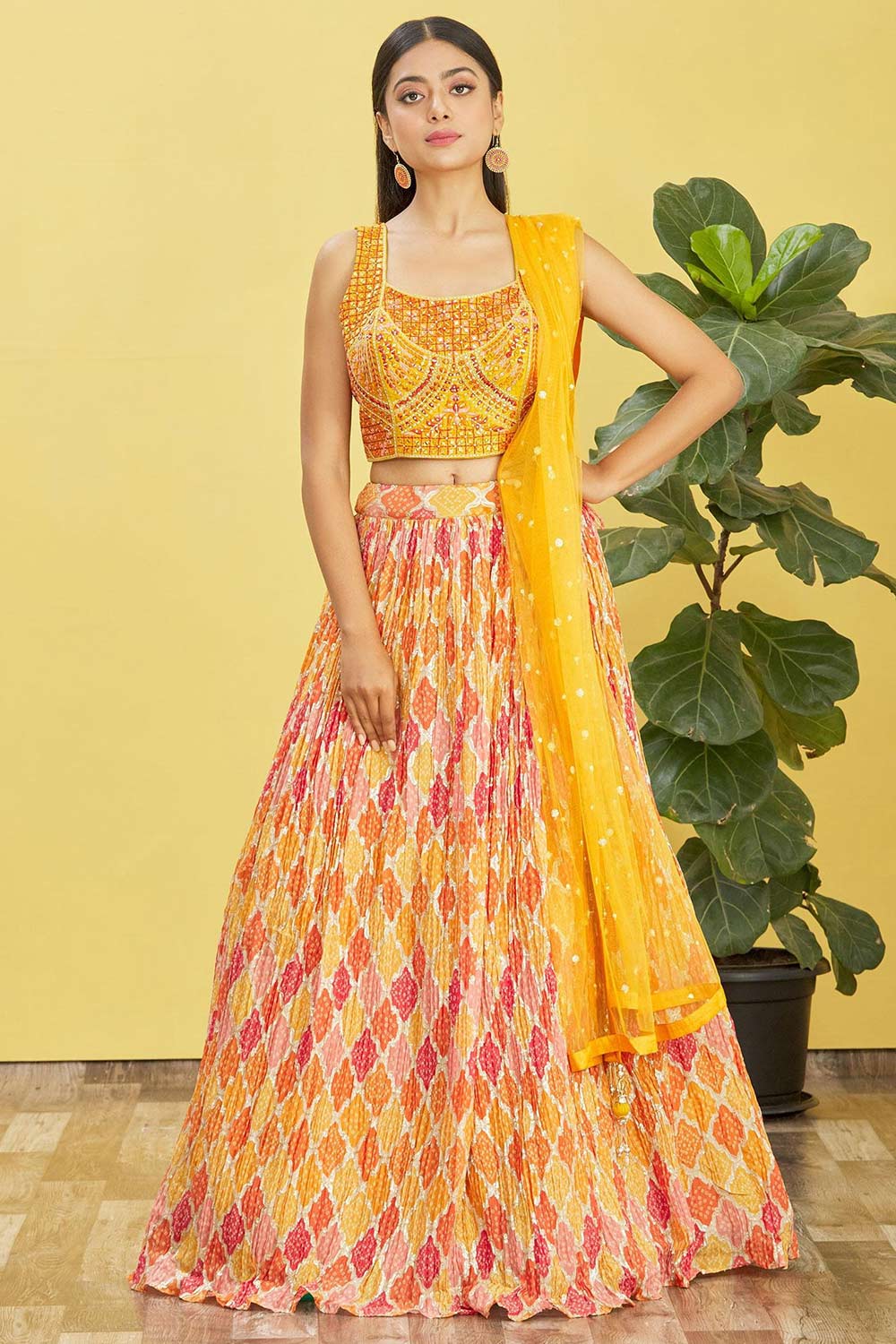 Yellow Chinon Printed Lehenga Set