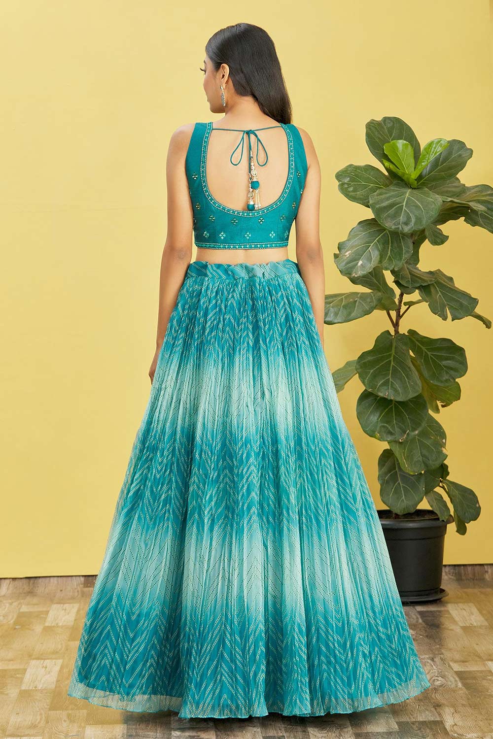 Blue Chinon Printed Lehenga Set