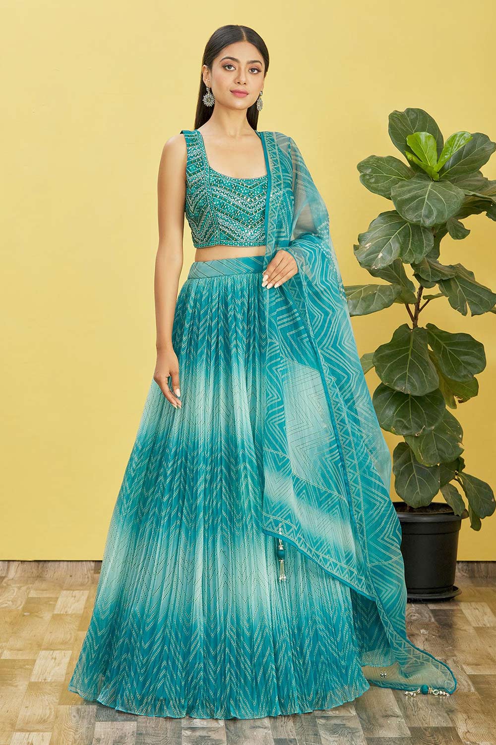 Blue Chinon Printed Lehenga Set