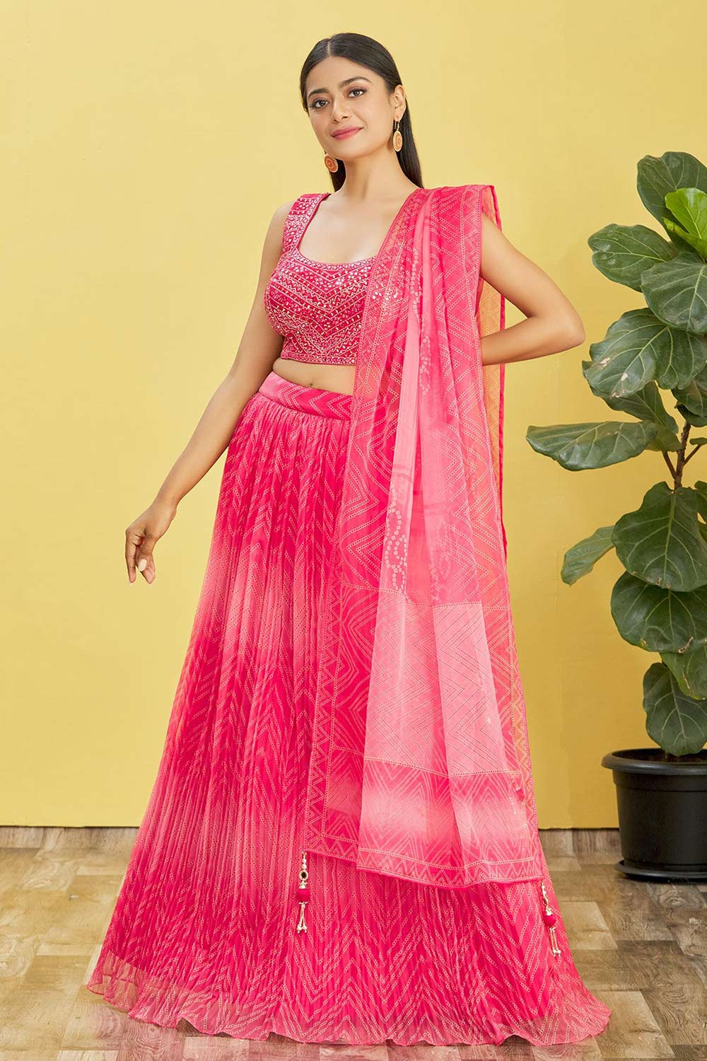 Pink Chinon Printed Lehenga Set