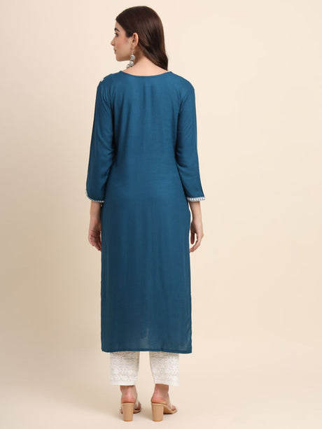 Teal Rayon Embroidered Kurti