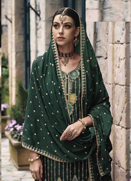 Green Chinon Silk Embroidered Palazzo Suit
