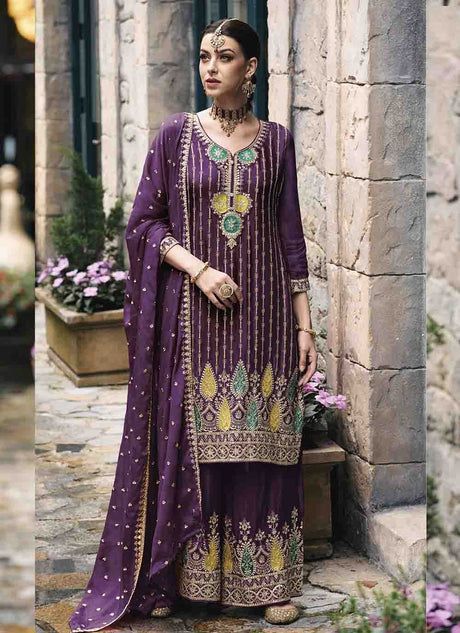 Purple Chinon Silk Embroidered Palazzo Suit