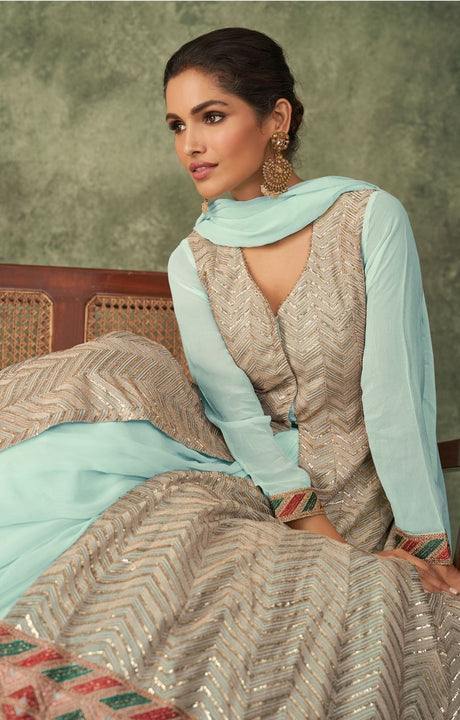 Sky Blue Georgette Embroidered Suit
