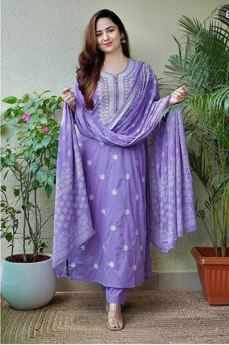 Lavender Cotton Printed Kurti Set