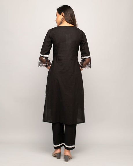 Black Cotton Embroidered Top And Bottom