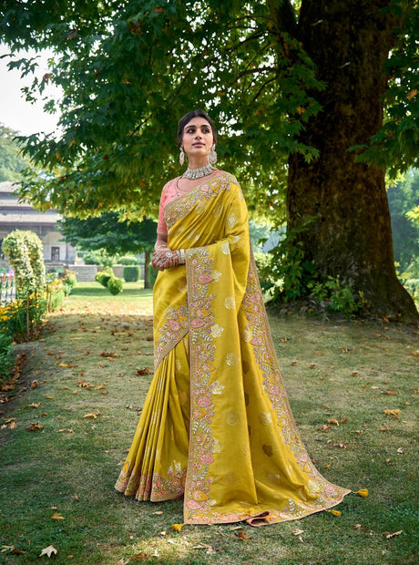 Yellow Silk Embroidered Saree