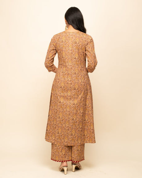 Brown Cotton Printed Suit