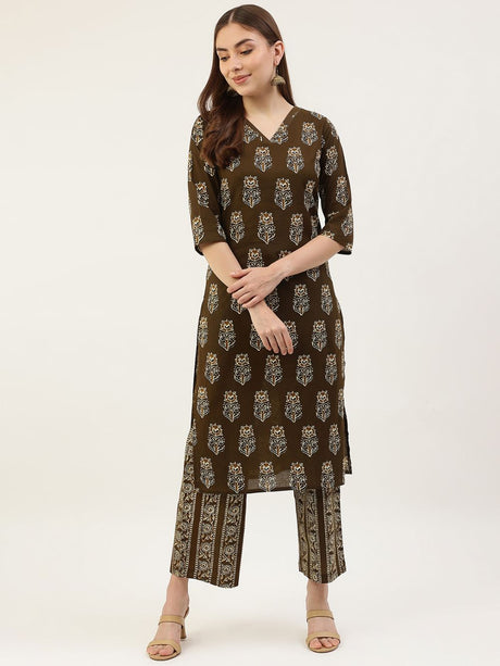 Brown Cotton Printed Top With Bottom