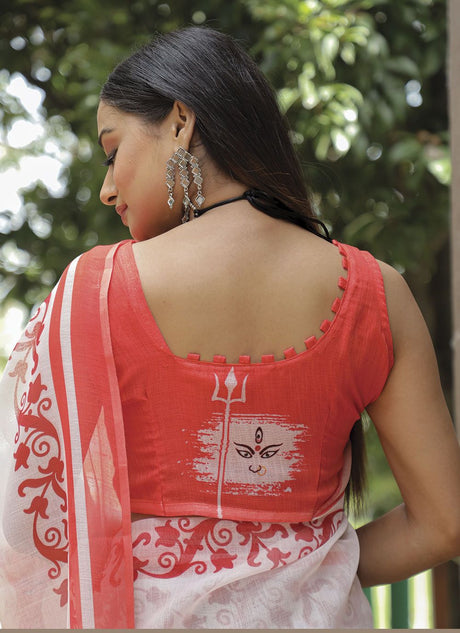 White Linen Digital Printed Saree