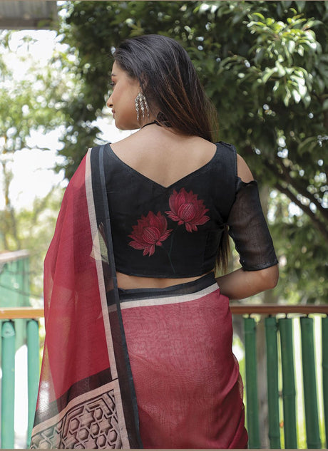 Maroon Linen Digital Printed Saree