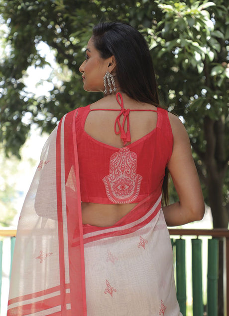 White Linen Digital Printed Saree