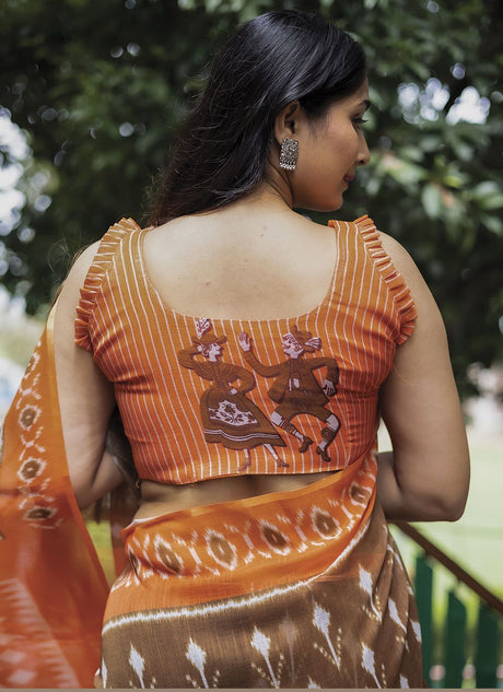 Brown Linen Digital Printed Saree