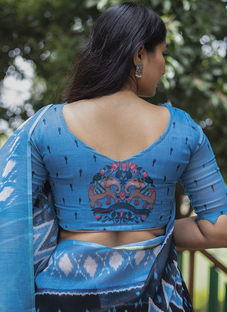 Blue Linen Digital Printed Saree