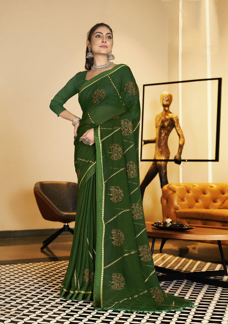 Green Satin Embroidered Saree