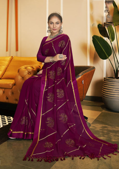 Purple Satin Embroidered Saree