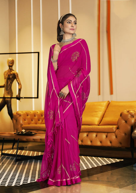 Pink Satin Embroidered Saree