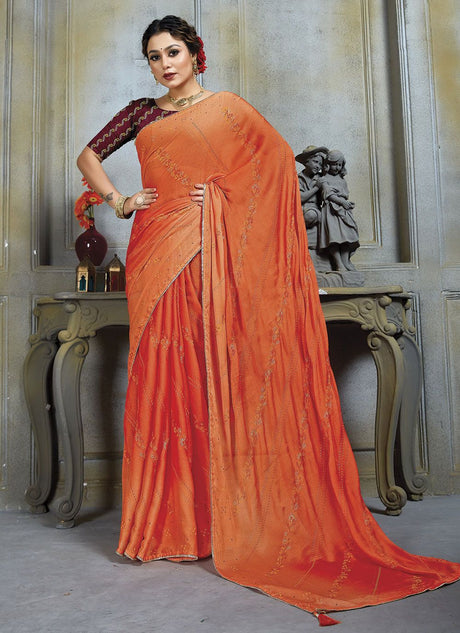 Orange Chiffon Embroidered Saree