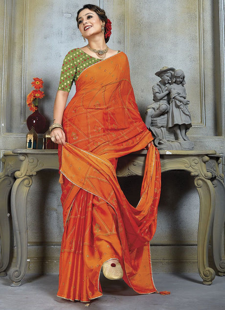 Orange Chiffon Embroidered Saree