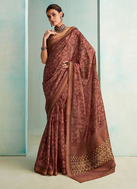 Brown Silk Printed Saree