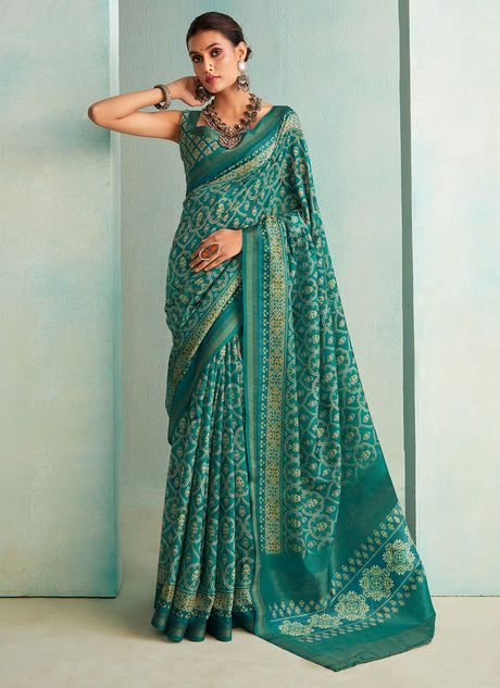 Sea Green Silk Printed Saree