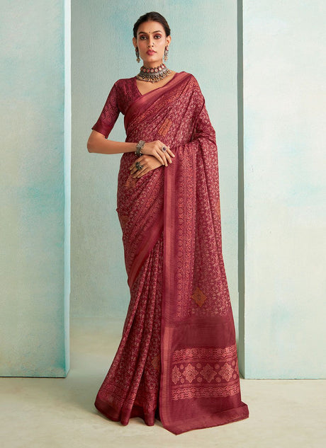 Burgundy Silk Printed Saree