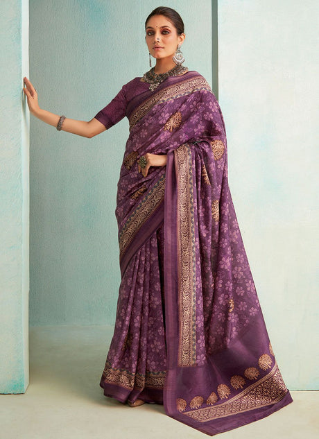 Voilet Silk Printed Saree