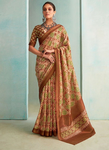 Beige Silk Printed Saree