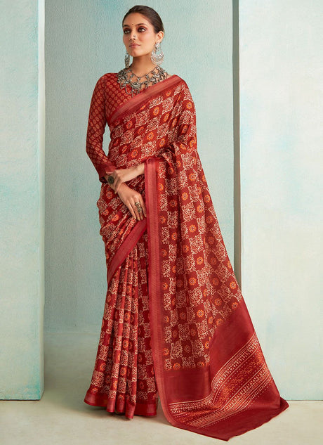 Maroon Silk Printed Saree