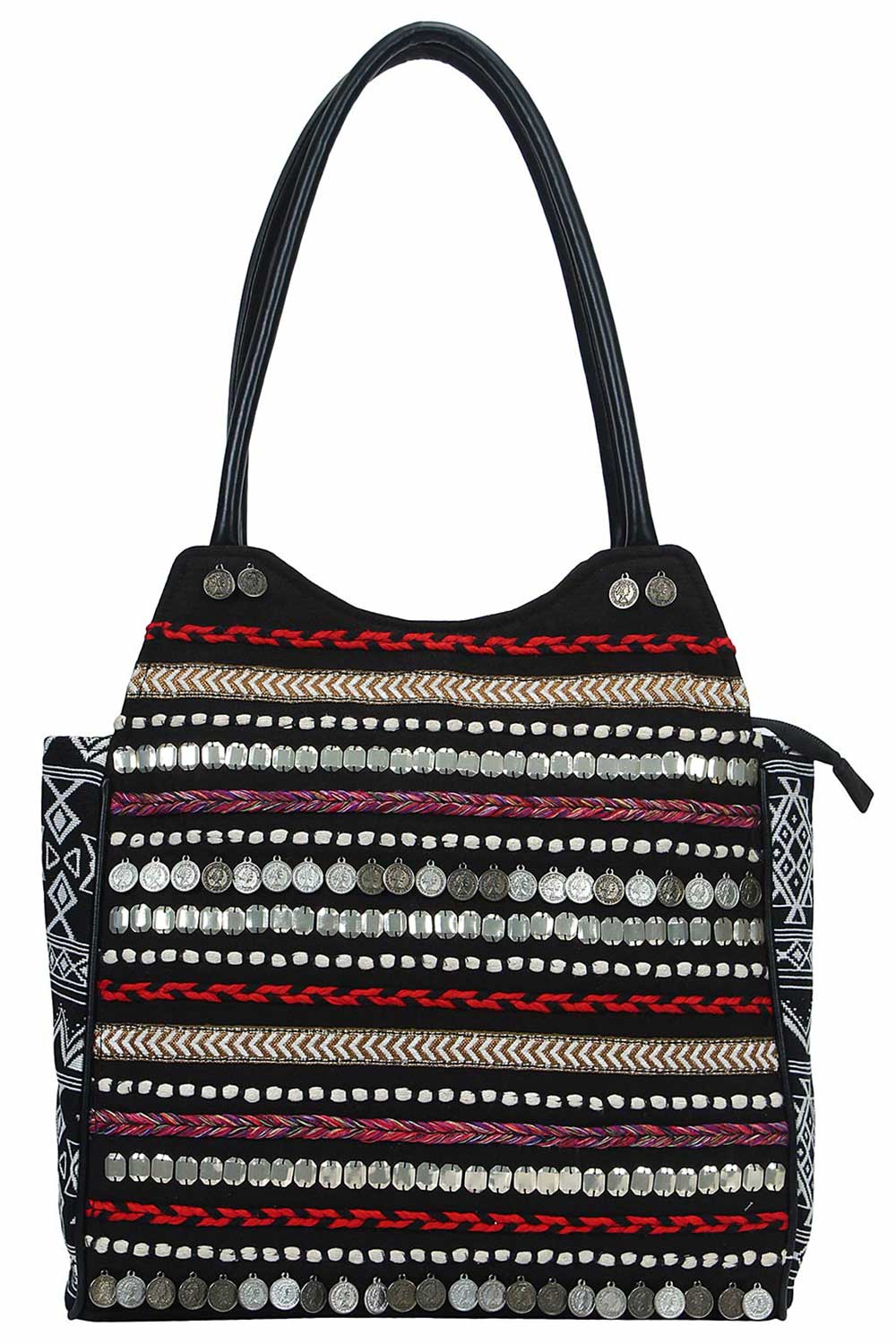 Glitzy Black & Multicolored Jacquard And Cotton Handbag