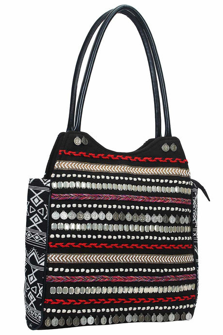 Glitzy Black & Multicoloured Jacquard and Cotton Handbag